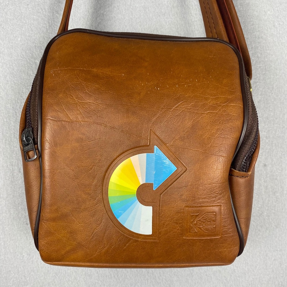 Vintage Kodak Brown Faux Leather Camera Bag Rainbow Logo Crossbody Made in USA